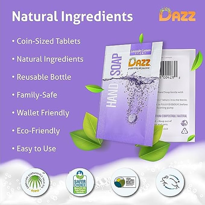 Dazz FOAMING HAND SOAP REFILL PACK (4 REFILL TABLET PACKETS) HAND SOAP REFILL, NATURALLY SAFE & NON TOXIC, RICH LATHER HAND WASH, LAVENDER LEMON SCENT (FOAMING PUMP DISPENSER REQUIRED) - Image 2
